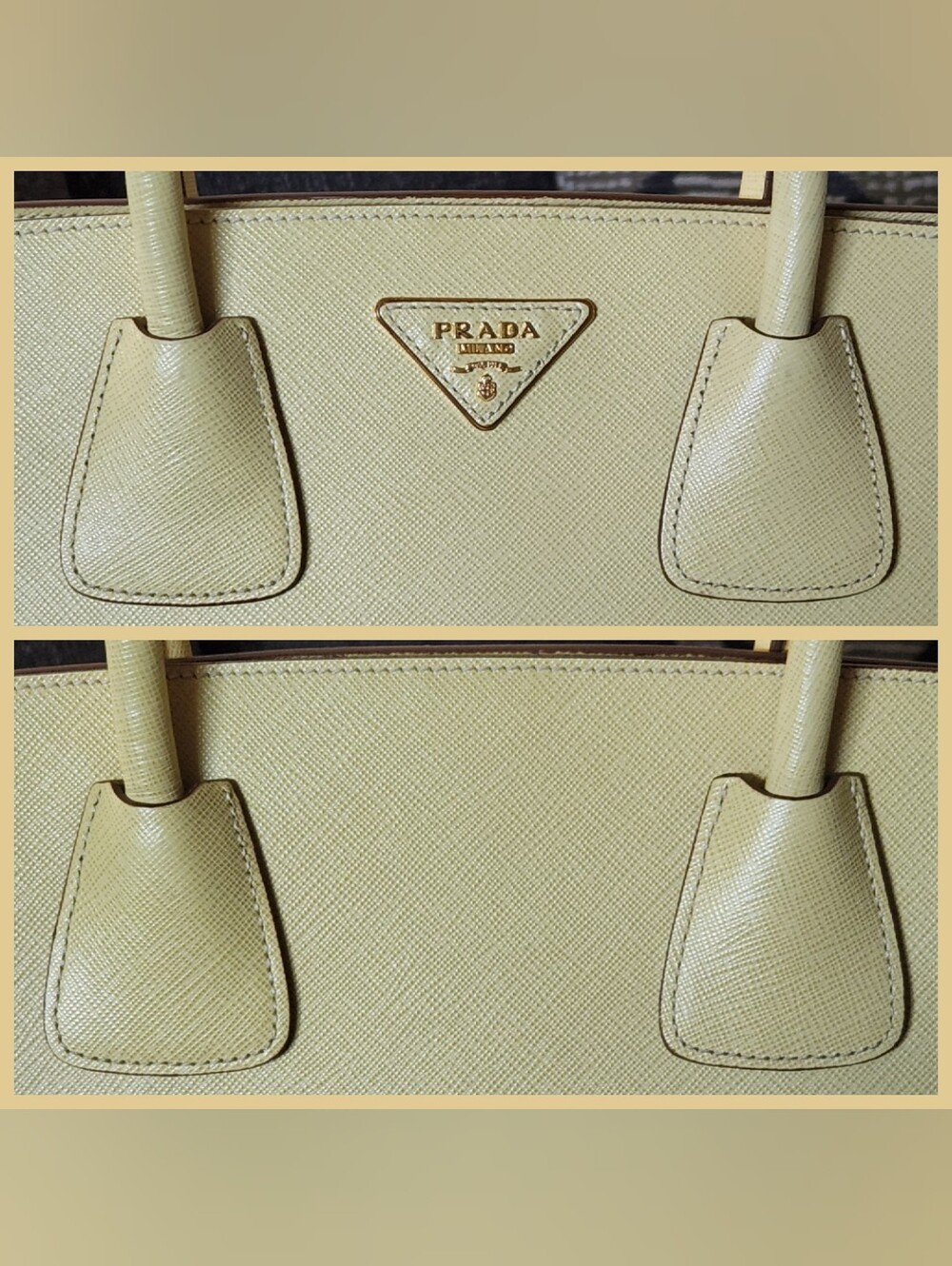 💛RARE Prada💛 - Bi-Color Ananas/Talco Saffiano Lux Leather Large Shopping Tote - Picture 8 of 16